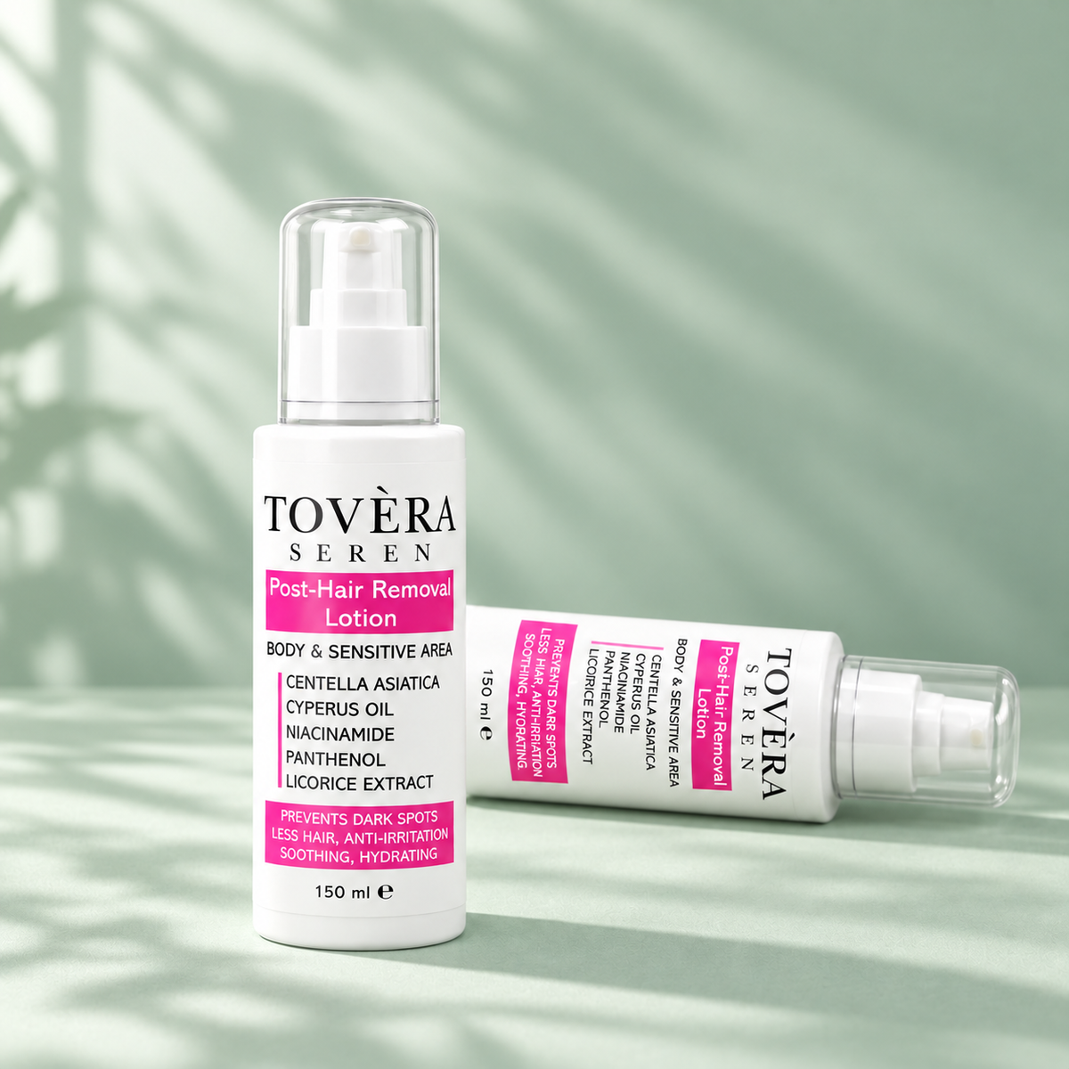 TOVÈRA SEREN post-hair-removal lotion in mint botanical studio scene